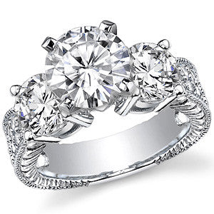 Round Brilliant Moissanite Three-Stone Engagement Ring Antique 2.28ct