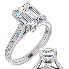 Double Prong Channel Emerald & Round Brilliant Moissanite Engagement Ring