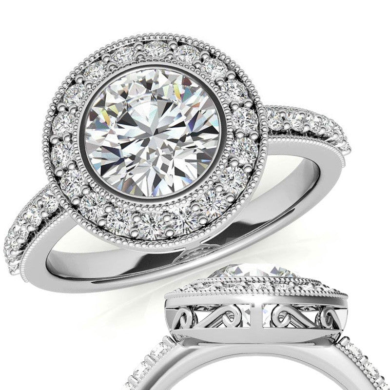 Round Halo Bezel Antique Moissanite Engagement Ring
