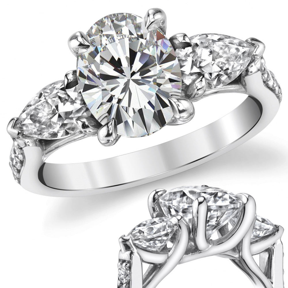 Oval and Pear 3-Stone Trellis Moissanite Engagement Ring