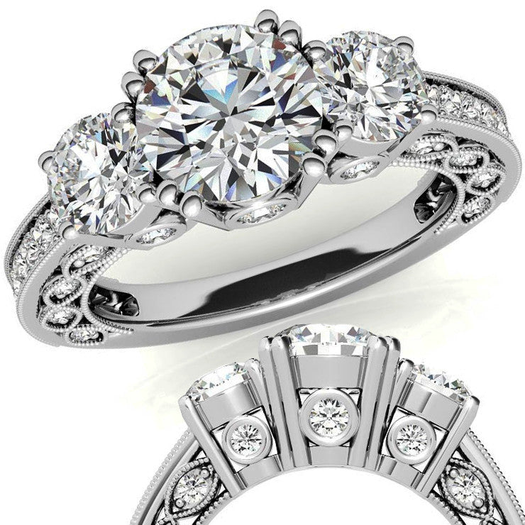 Three-stone Antique Round Brilliant Moissanite Engagement Ring