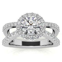 Halo Split Shank Round Brilliant Moissanite Engagement Ring