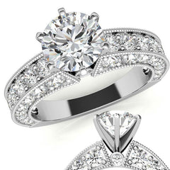 Round Brilliant Moissanite Antique Engagement Ring Setting, 1.7ct