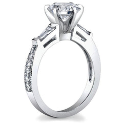 Baguette / Round Brilliant Moissanite Engagement Ring with Milgrain Accents