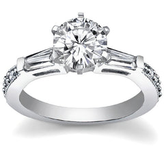 Baguette / Round Brilliant Moissanite Engagement Ring with Milgrain Accents