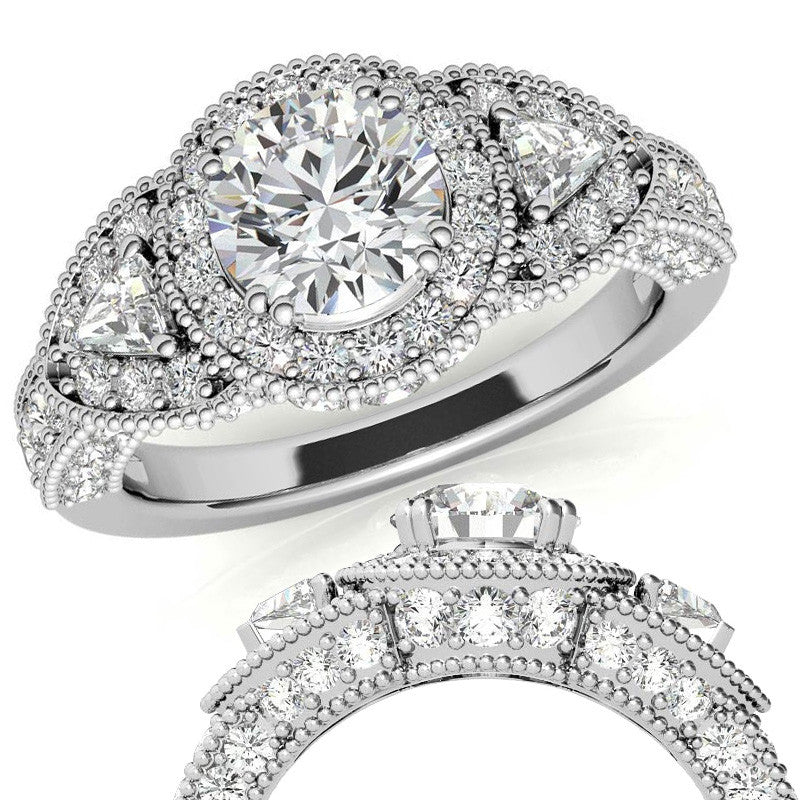 Round & Triangle Three-Stone Halo Moissanite Engagement Ring