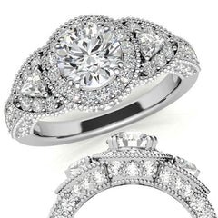 Round & Triangle Three-Stone Halo Moissanite Engagement Ring