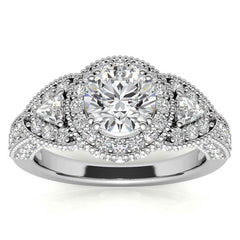 Round & Triangle Three-Stone Halo Moissanite Engagement Ring