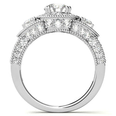 Round & Triangle Three-Stone Halo Moissanite Engagement Ring