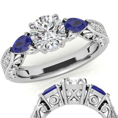 Round & Pear Sapphire Antique Moissanite Engagement Ring
