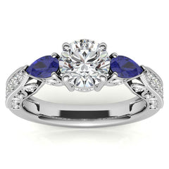 Round & Pear Sapphire Antique Moissanite Engagement Ring