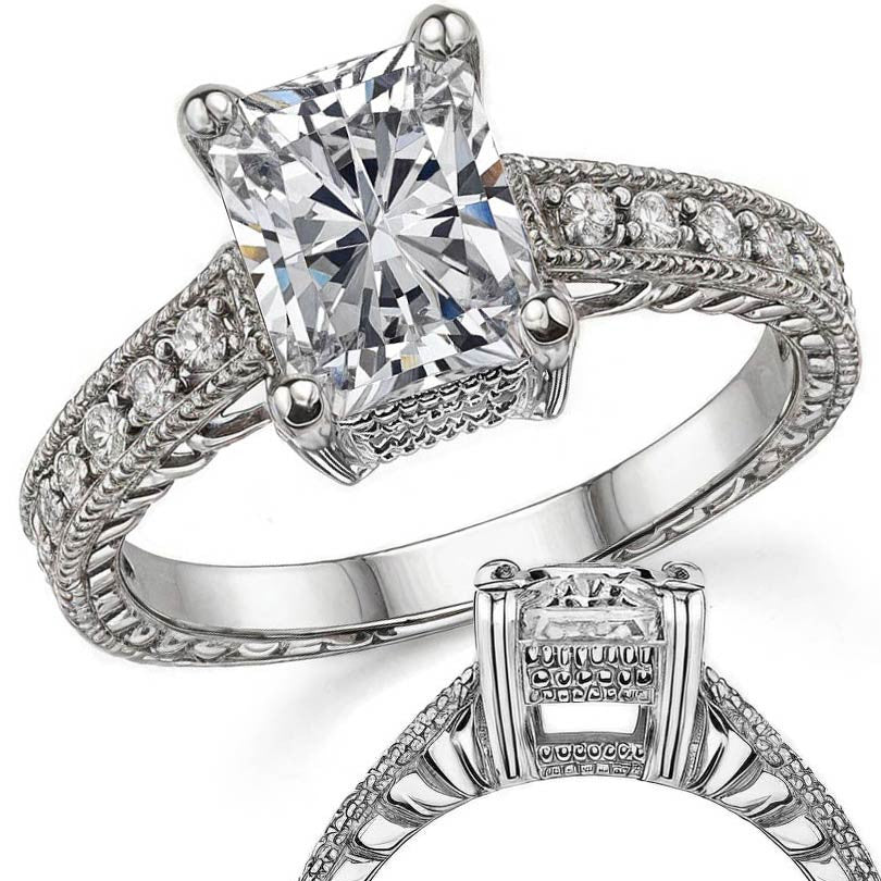 Antique Style Radian/Emerald Moissanite Engagement Ring