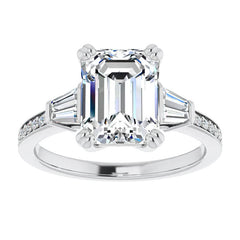 Emerald Moissanite & Baguette Diamond Engagement Ring