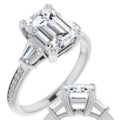 Emerald Moissanite & Baguette Diamond Engagement Ring