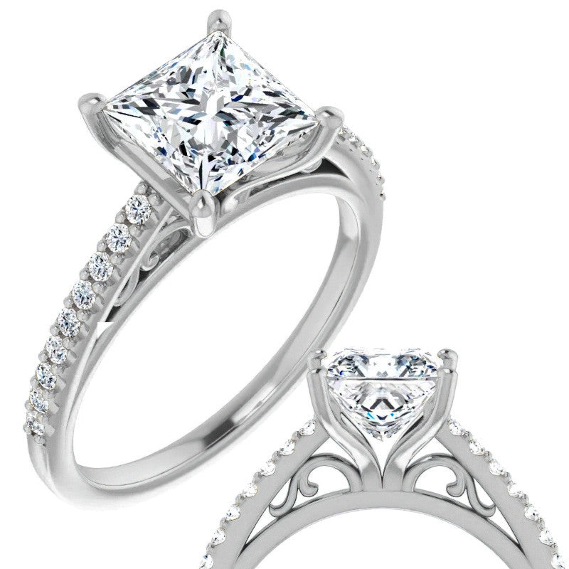 Princess cut Cathedral Engagement Ring with Scroll Accents