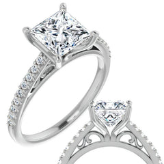 Princess cut Cathedral Engagement Ring with Scroll Accents