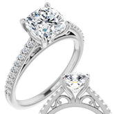 Cushion Cathedral Engagement Ring with Scroll Accents