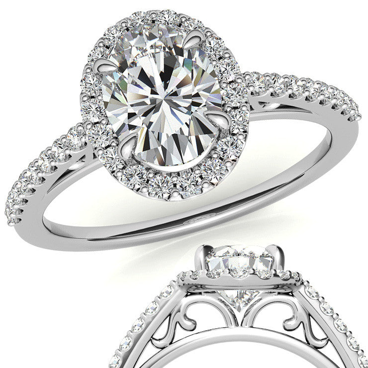Oval Petite Halo Engagement Ring with Scroll Accent