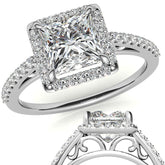 Princess cut Petite Halo Engagement Ring with Scroll Accent
