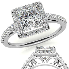 Princess cut Petite Halo Engagement Ring with Scroll Accent