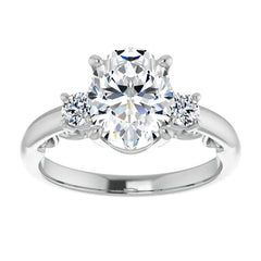 Oval Three-Stone Engagement Ring with Scroll Accent