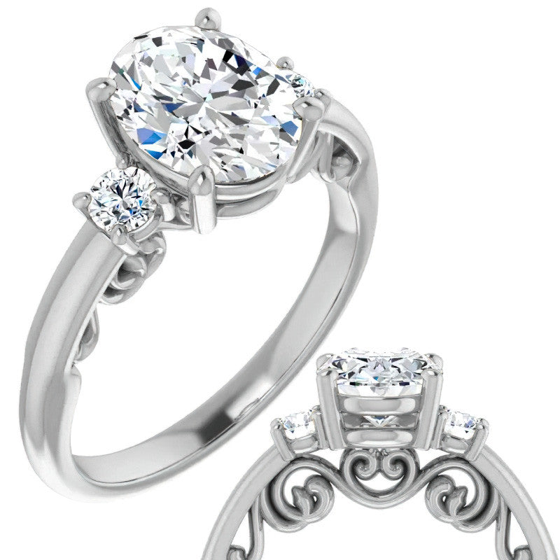 Oval Three-Stone Engagement Ring with Scroll Accent