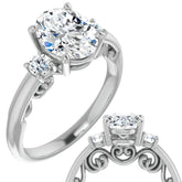 Oval Three-Stone Engagement Ring with Scroll Accent