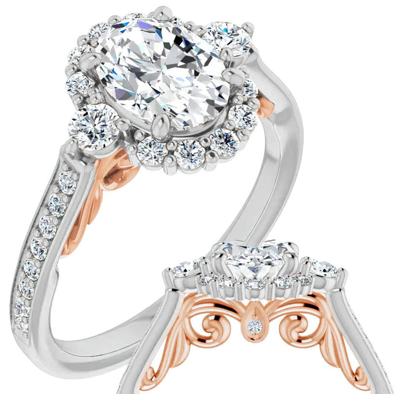 Oval Scroll Halo Engagement Ring with Surprise Diamonds