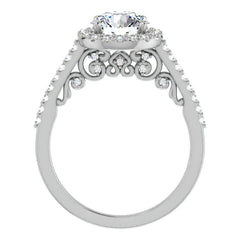 Round Ornate Halo Engagement Ring with Scroll Accent