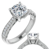 Cushion Engraved Engagement Ring with Milgrain