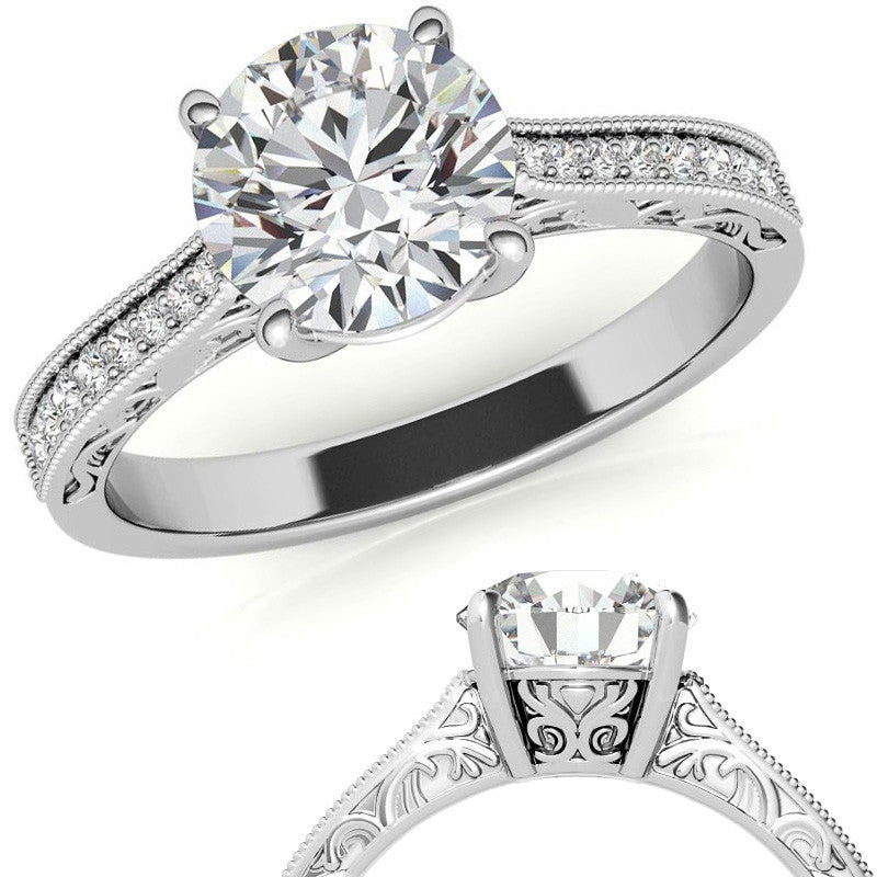 Round Engraved Moissanite Engagement Ring with Milgrain