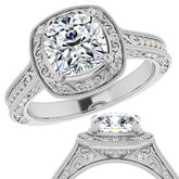 Cushion Scroll Accented Halo Engagement Ring