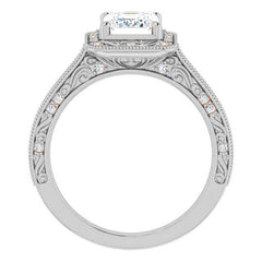 Emerald / Radiant Scroll Accented Halo Engagement Ring