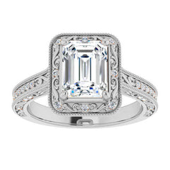 Emerald / Radiant Scroll Accented Halo Engagement Ring