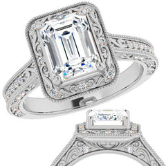 Emerald / Radiant Scroll Accented Halo Engagement Ring