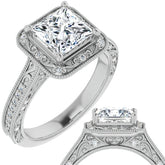 Princess cut Scroll Accented Halo Engagement Ring