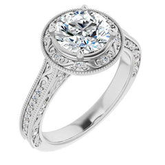 Round Scroll Accented Halo Moissanite Engagement Ring