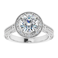 Round Scroll Accented Halo Moissanite Engagement Ring