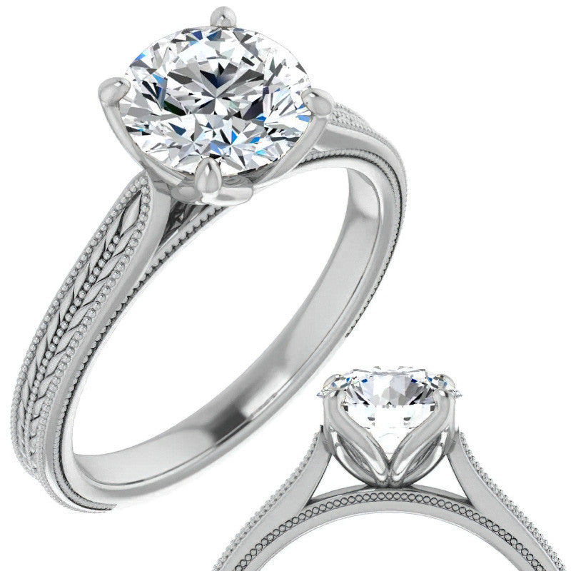 Round Vintage-Style Engraved Solitaire Ring with Tulip Prongs
