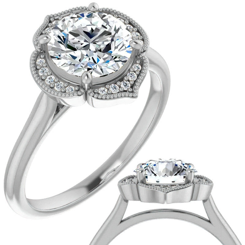 Round Petite Halo Floral Moissanite Engagement Ring