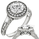 Round & Baguette Accent Halo Engagement with Milgrain