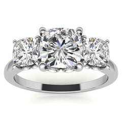 Cushion Moissanite Three Stone Ring with Scroll Accents