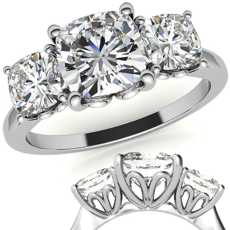 Cushion Moissanite Three Stone Ring with Scroll Accents