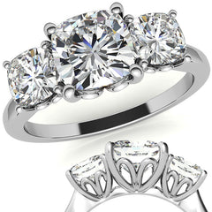Cushion Moissanite Three Stone Ring with Scroll Accents