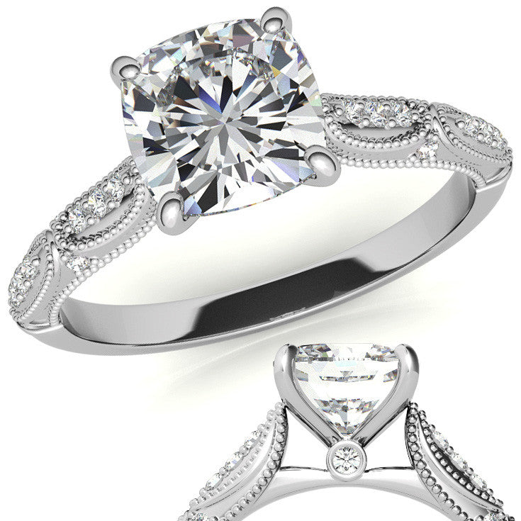 Cushion Moissanite Scalloped Engagement Ring with Milgrain