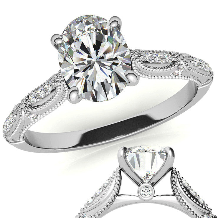Oval Moissanite Scalloped Engagement Ring with Milgrain