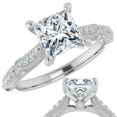 Princess Moissanite Scalloped Engagement Ring with Milgrain