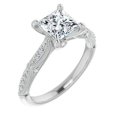 Princess Moissanite Scalloped Engagement Ring with Milgrain