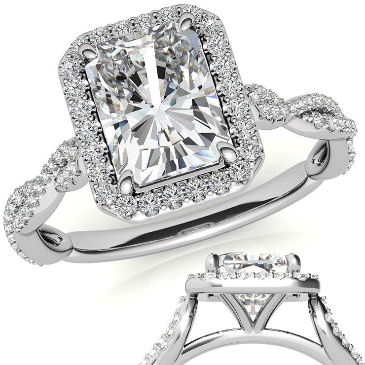 Emerald / Radiant Infinity Halo Cathedral Moissanite Engagement Ring