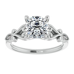 Cushion Scroll Accent Engagement Ring with Milgrain